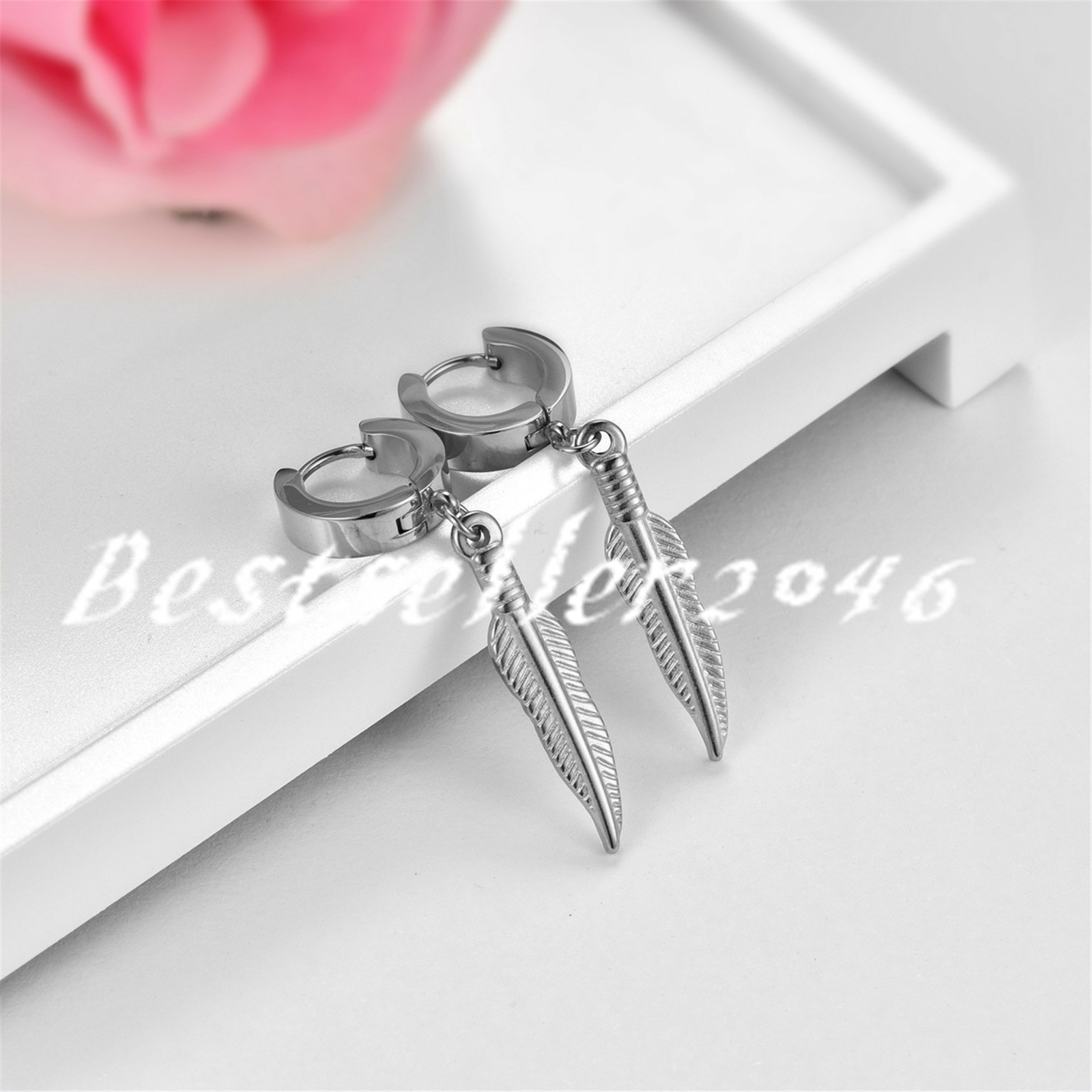 2pcs Men Women Stainless Steel Long Feather Dangle Hoop Huggie Earrings Studs