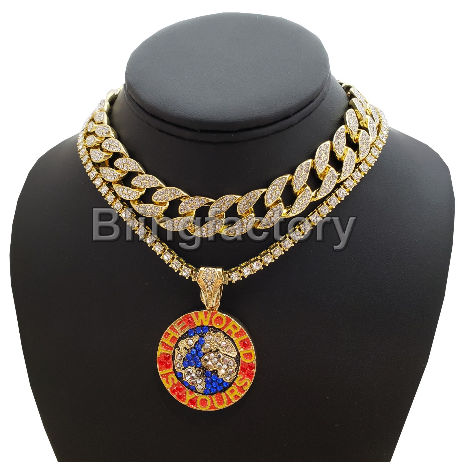 The World is Yours Pendant & 18″ Full Iced Cuban & 1 ROW Tennis Choker Chain Set