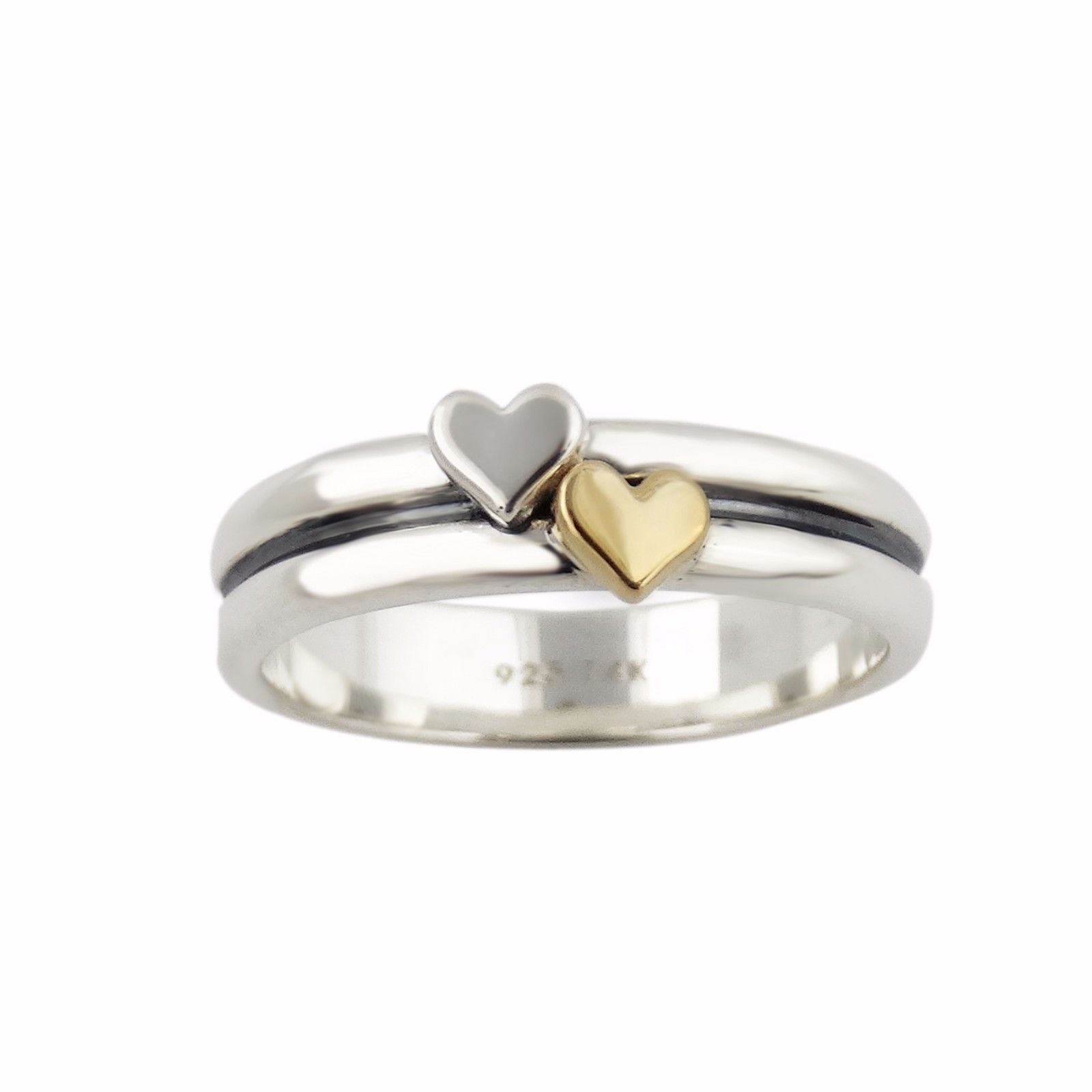 Two Hearts Ring – 925 Sterling Silver & 14K Gold Heart – Multiple Sizes Gift NEW