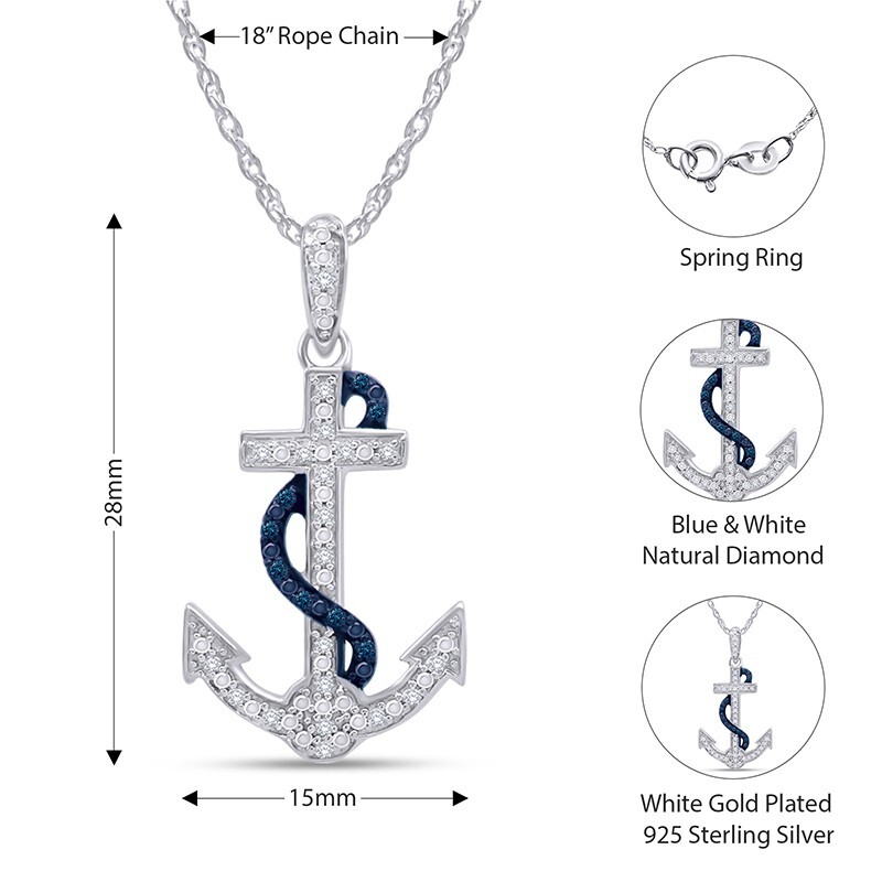 1/10ct Real Blue & White Diamond Anchor Pendant 18″ Necklace 925 Sterling Silver