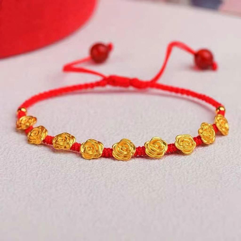1pcs Pure 24K Yellow Gold Bracelet Women’s Rose Red String Amulet Bracelet