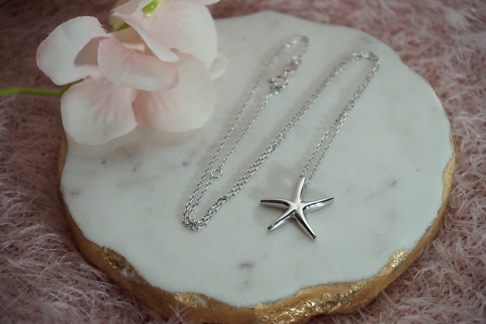 Solid Women Sterling Silver 18mm “Starfish”Pendant 16.5”Long Necklace -D