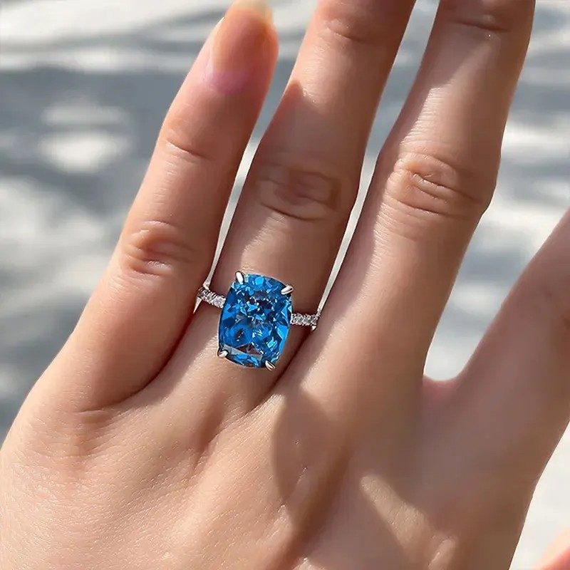 4 Ct blue oval cut real moissanite wedding engagment ring 14k white gold plated