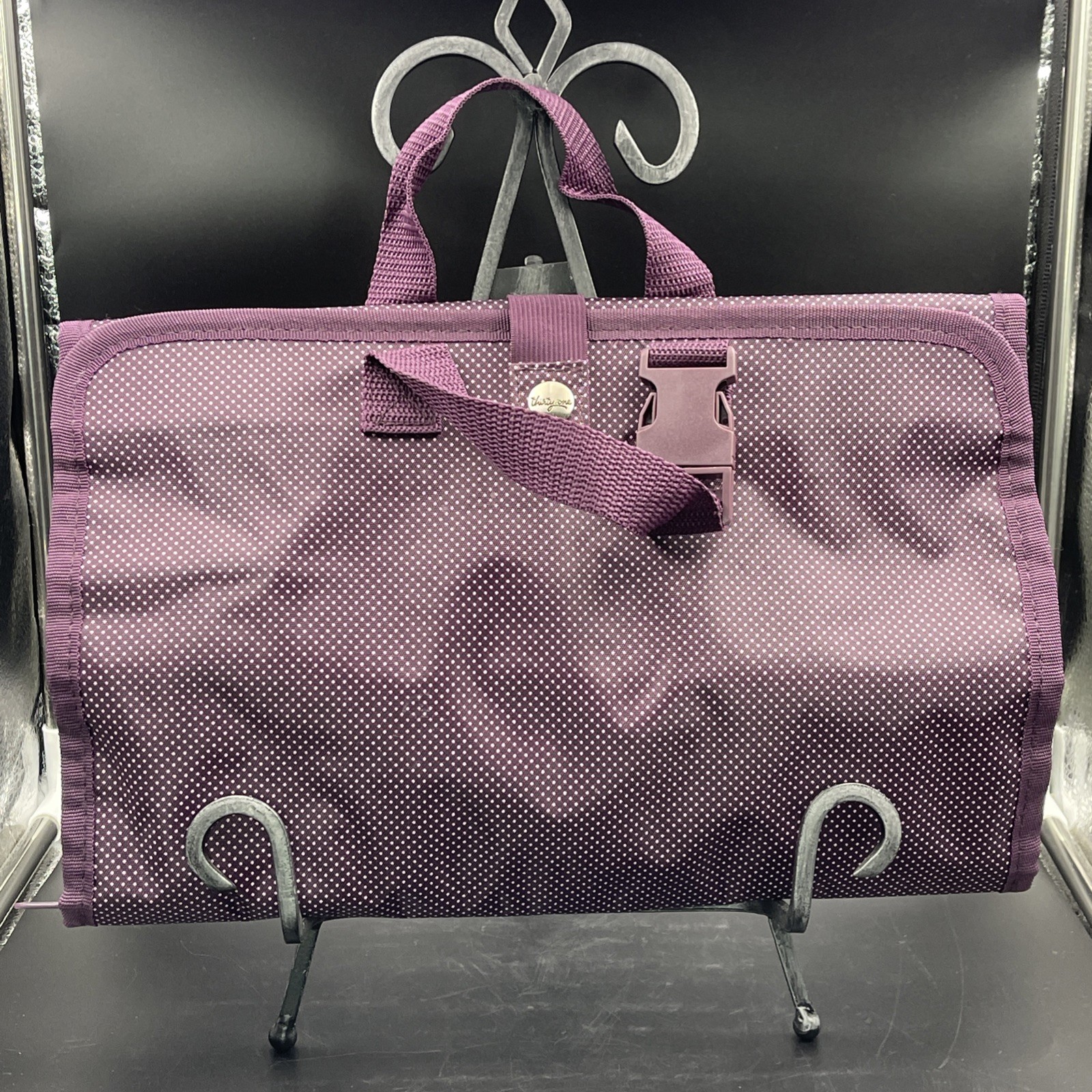 Thirty-One Uptown Hanging Jewelry Organizer Keeper Purple Plum Polka Dots EUC