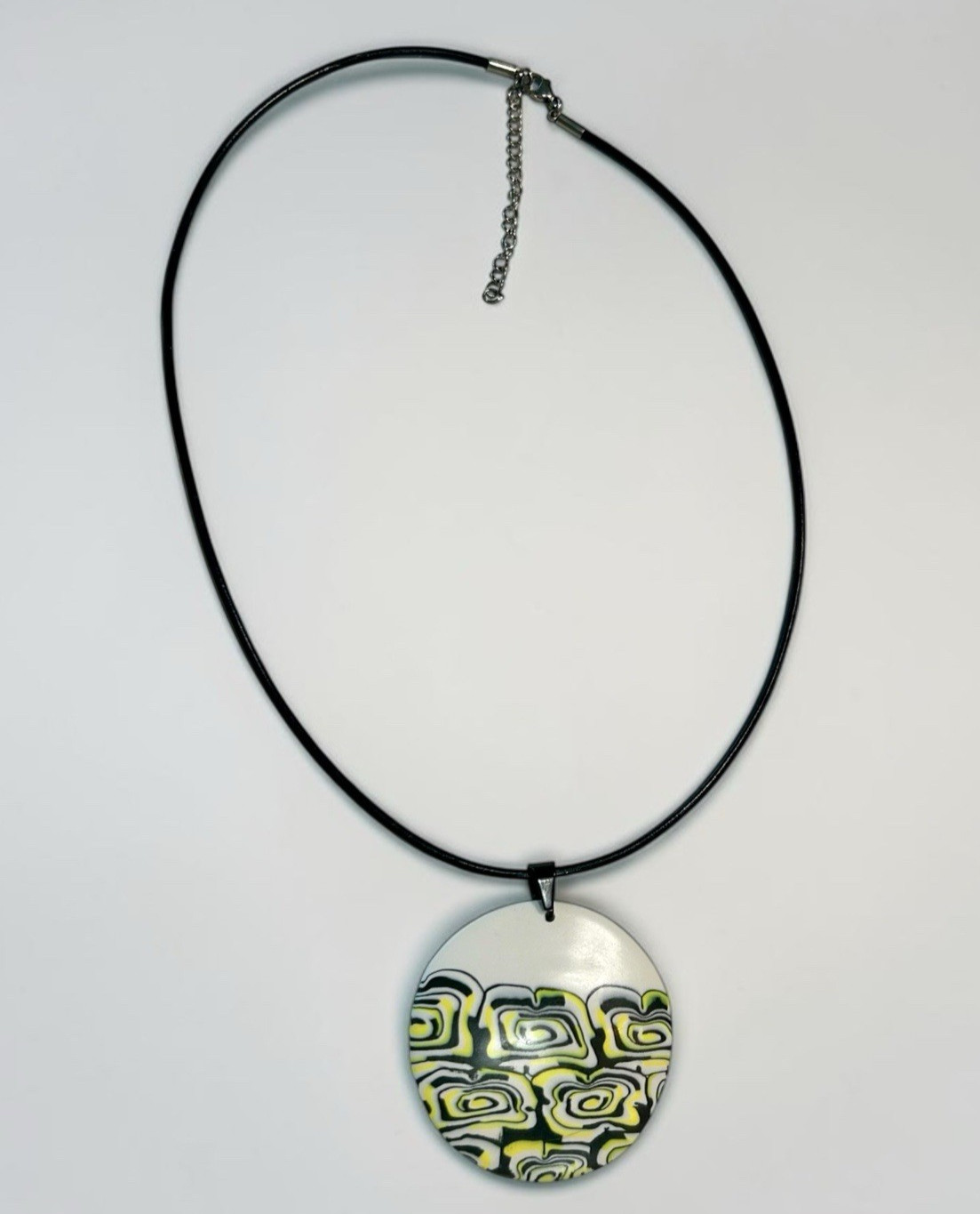 Yellow Black White Graphic Print Handmade Polymer Clay LG Pendant Necklace Cord