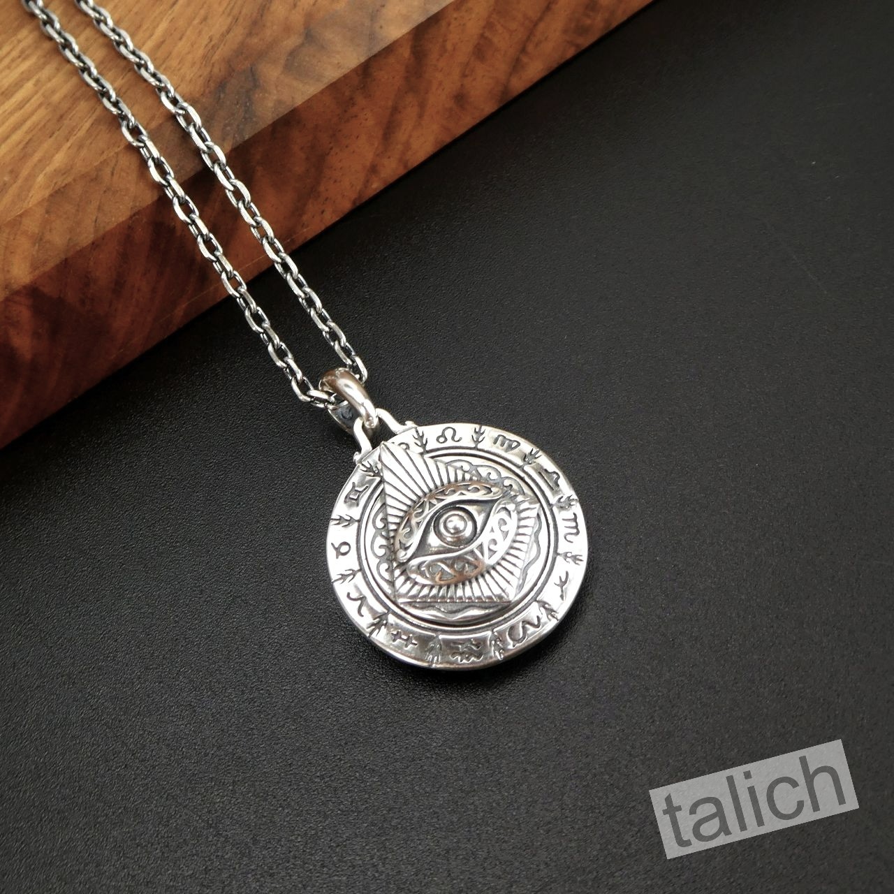 925 Sterling Silver Astrology Zodiac Disc Amulet Pendant All Seeing Eye Spinner