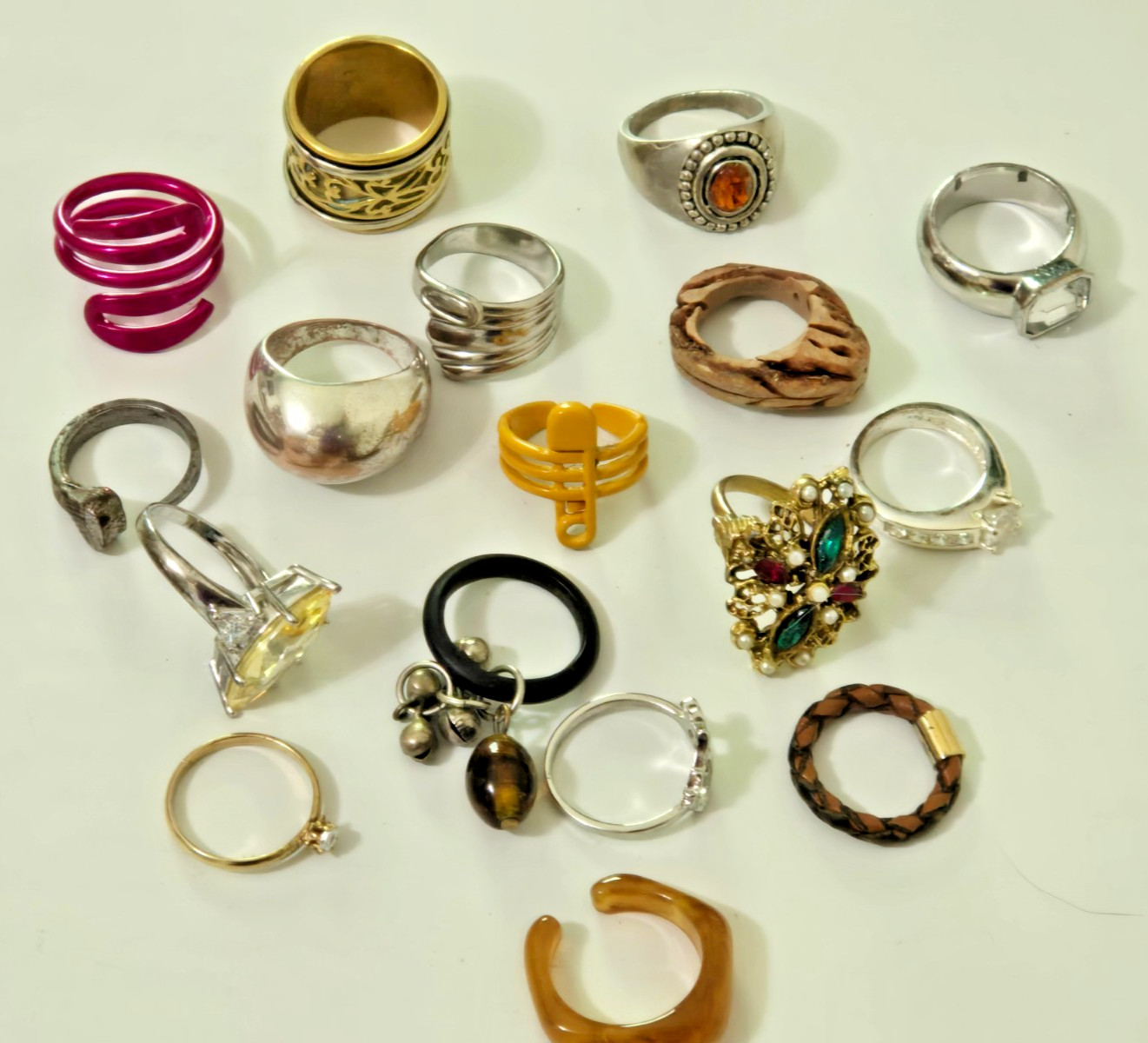 Fashion Ring Lot, 17 Rings. Stones, Metal, Wood, Plastic. Various Sizes, Colors.