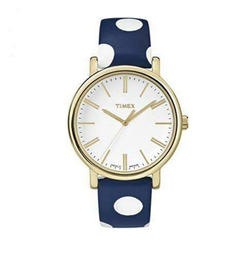 NEW TIMEX GOLD,NAVY BLUE+WHITE POLKA DOT LEATHER BAND,INDIGLO,WATCH-TW2P63500AB