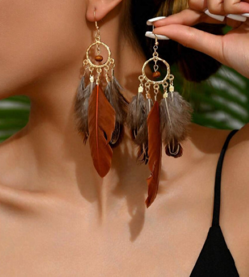 Long Feather Earrings Handmade Custom Mixed Natural Brown BOHO Inspired