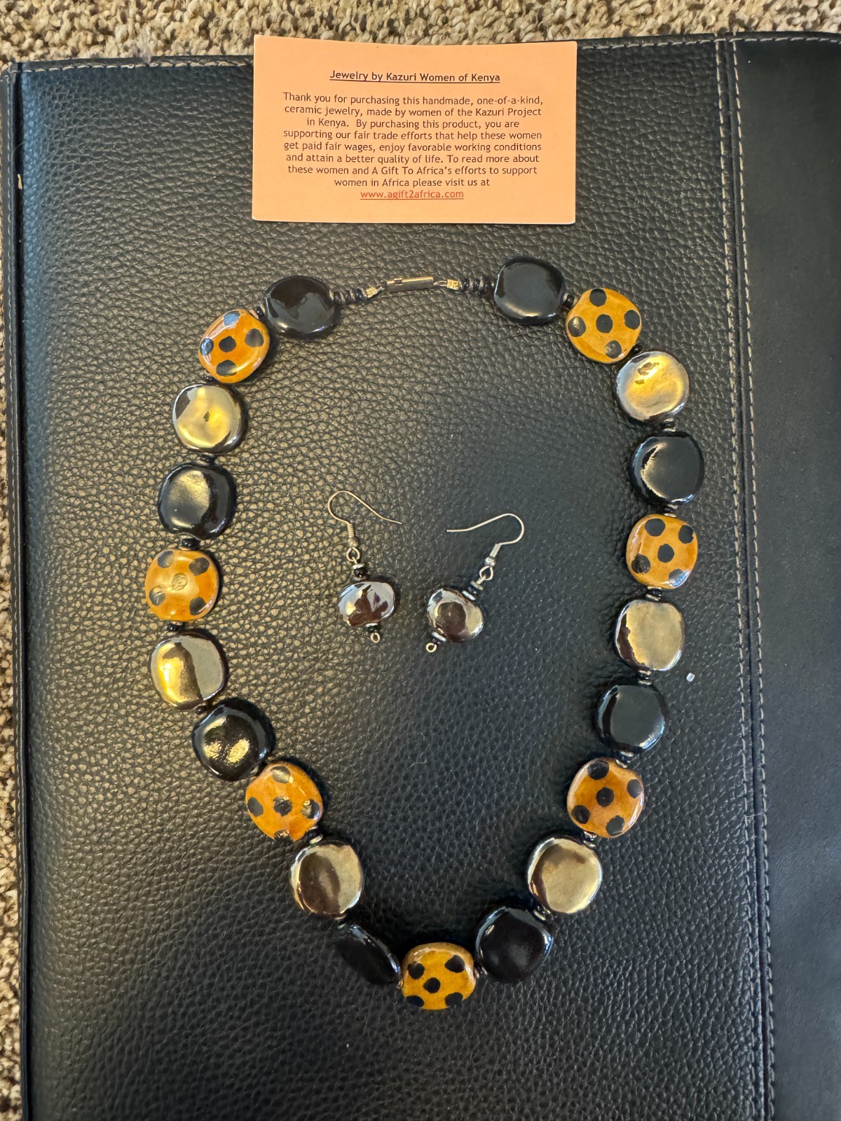 Kazuri Kenya Handmade Ceramic Bead Necklace & Earring Set Fair Trade Black Gold