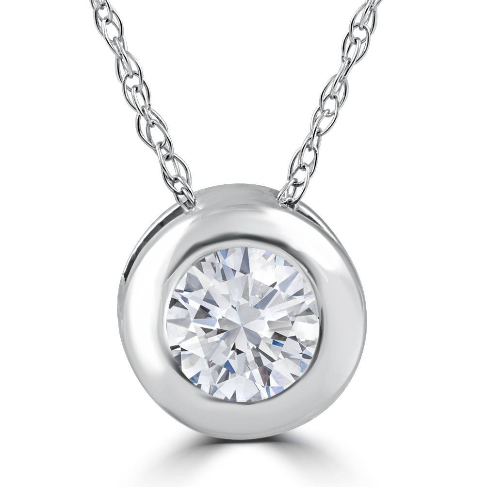 1/4 ct Round Diamond Solitaire Bezel Pendant Necklace 18″ 14k White Gold