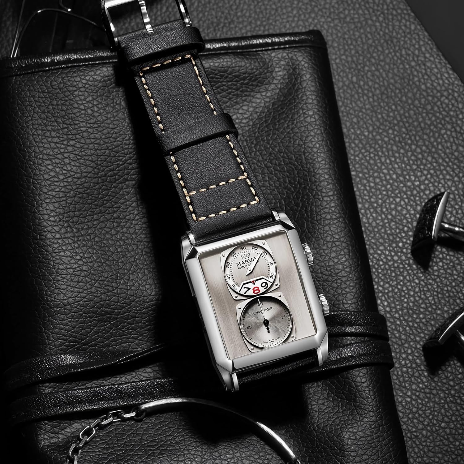 Watches for Men Swiss Mens Watch in Stainless Steel with Leather Strap and Recta