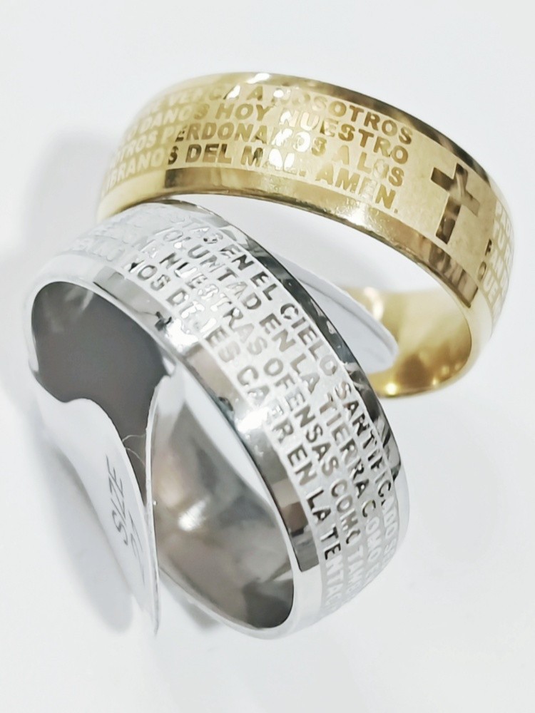 36 Pcs 8mm Spanish Lord’s Prayer Cross Etched Stainless Steel Rings Religious
