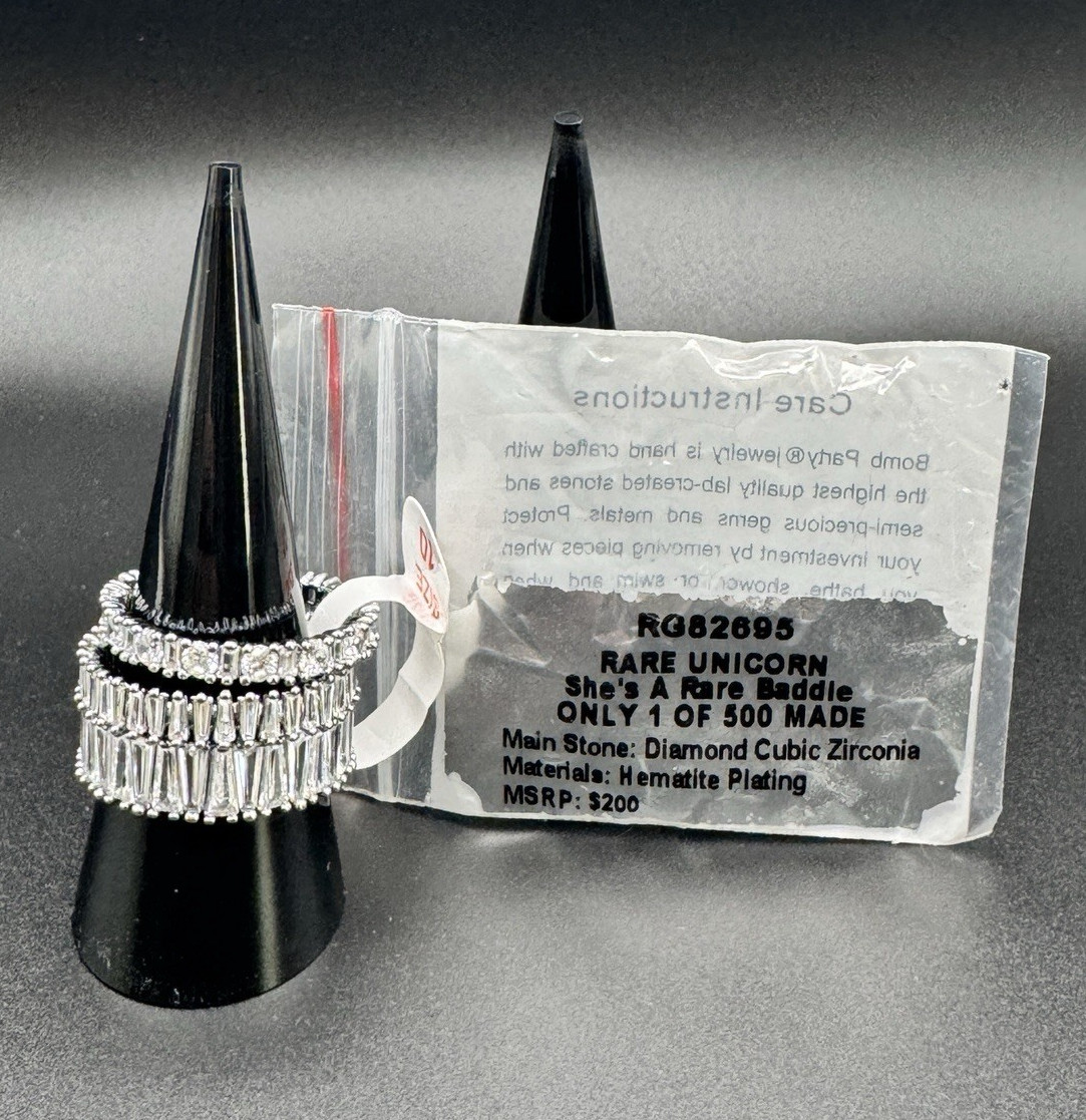 Bomb Party Unicorn R628695 Hematite Plated White CZ Stackable Band Ring 10