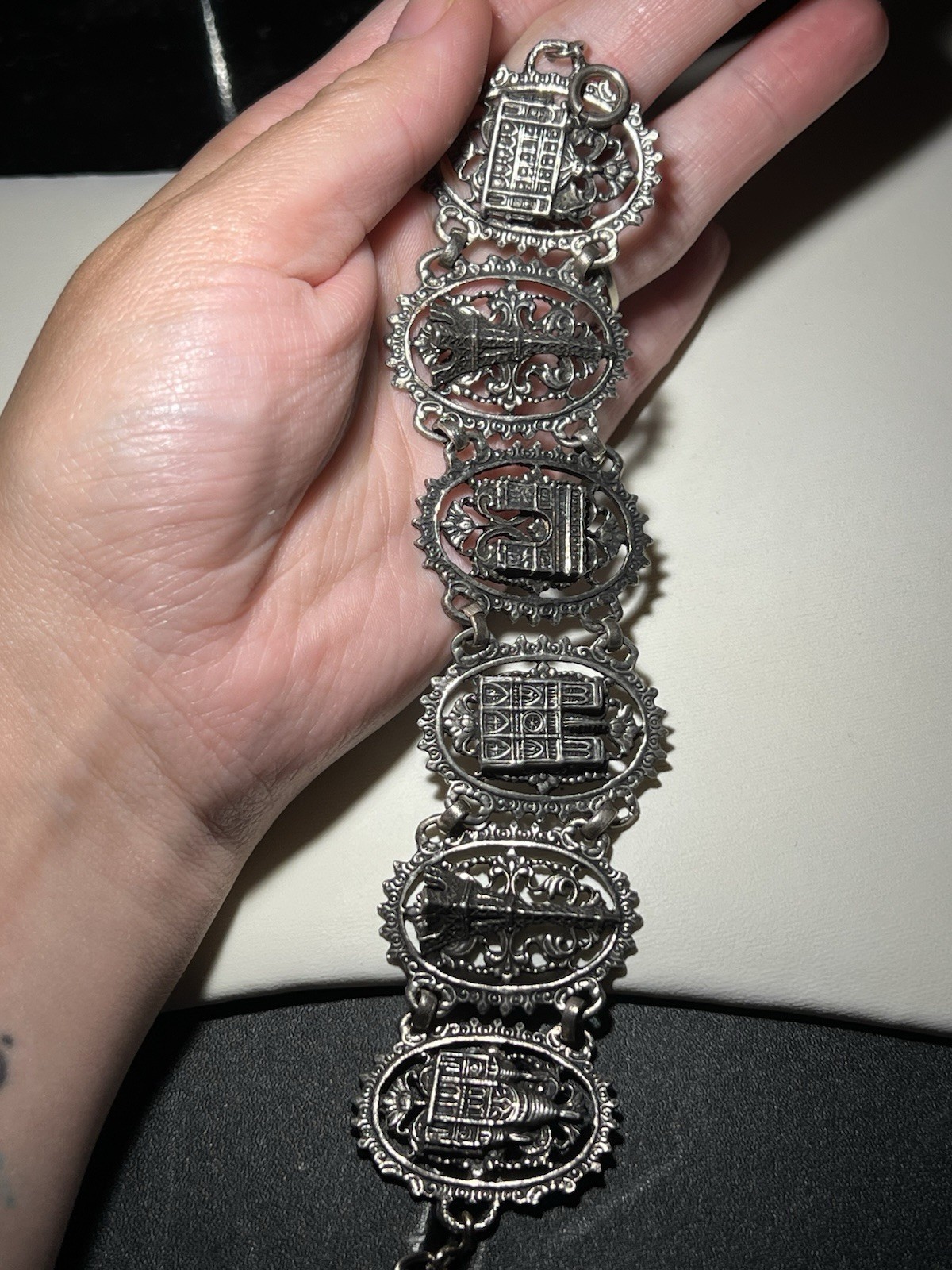 Vintage Paris Eiffel Tower Black Gray Metal Panel Bracelet