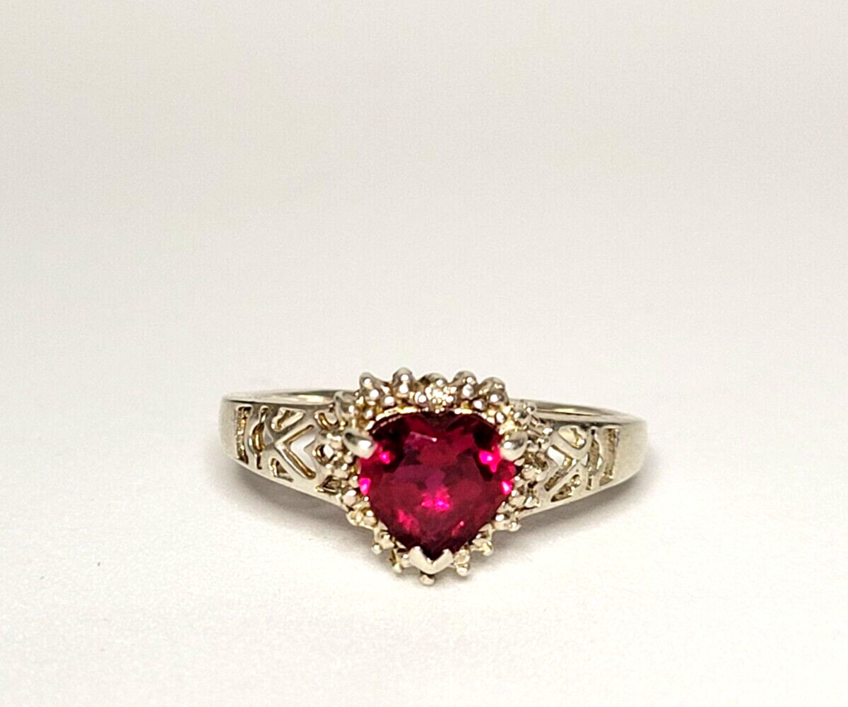 Sterling Silver (.925) Lab Created Ruby Heart & Diamond Accent Ring, Size 7, JJT