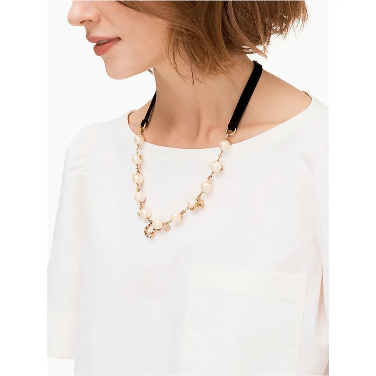 KATE SPADE NEW YORK GRANDMAS CLOSET PEARL WITH BLACK VELVET RIBBON NECKLACE