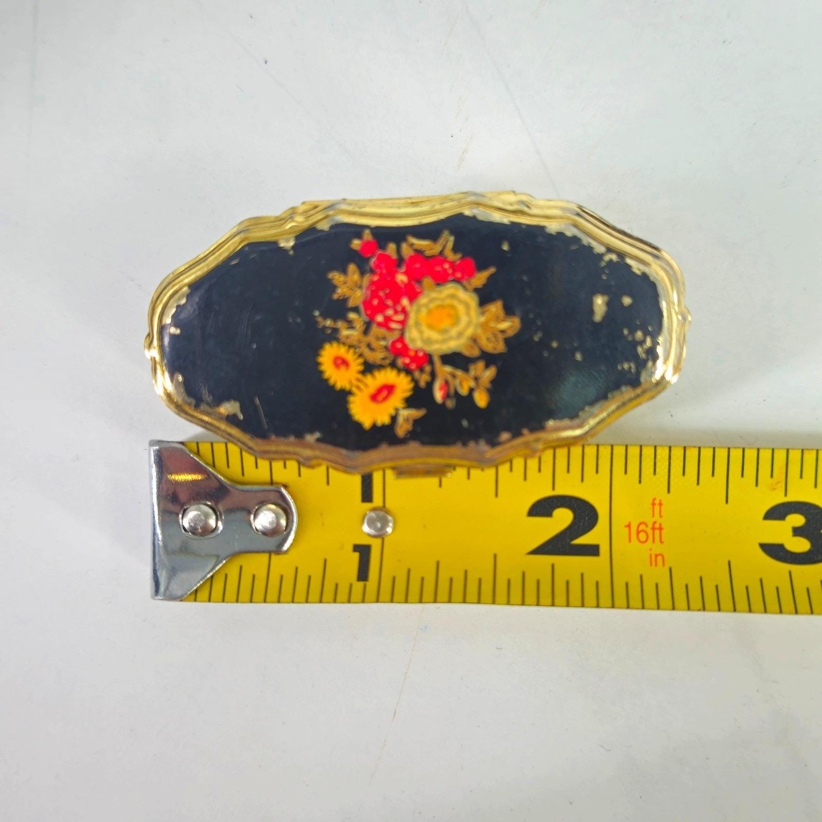 Vintage Lipstick Holder Flip Compact Mirror Handpainted Floral Gold Tone Black