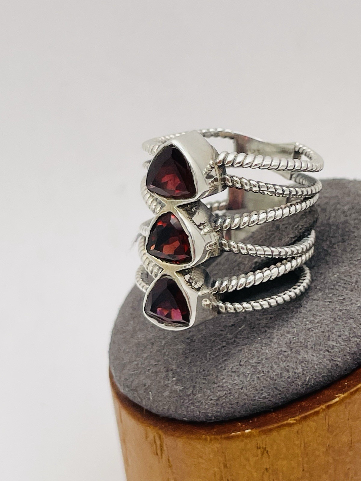 Triple Mozambique Garnet 925 Sterling Silver Wire Twisted Designed Ring Size 8