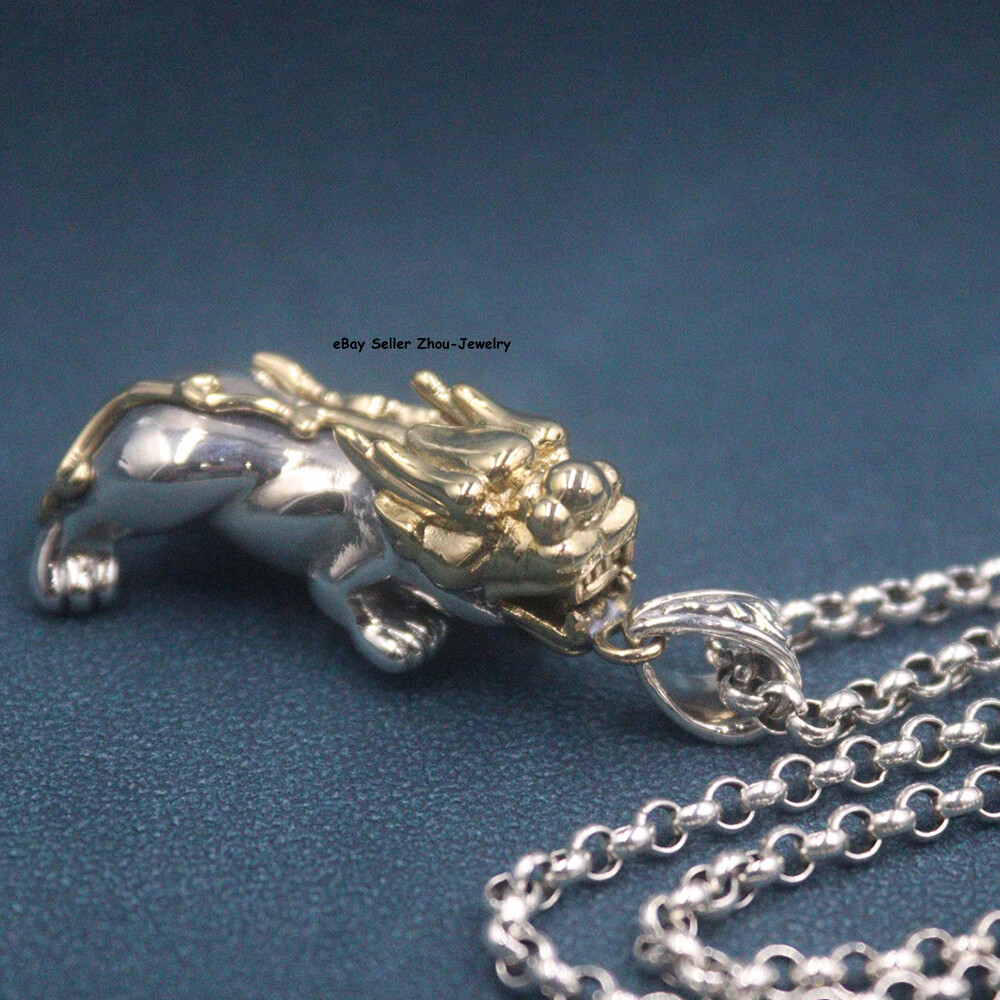 Real S925 Sterling Silver Lucky Coin Two Tone Dragon Pixiu Pendant 43*18mm