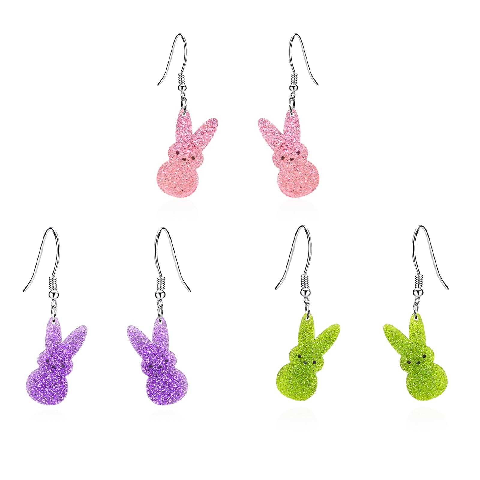 Easter Bunny Earrings for Women,Cute 3 Pairs Colorful Rabbit Dangle Earrings Gli