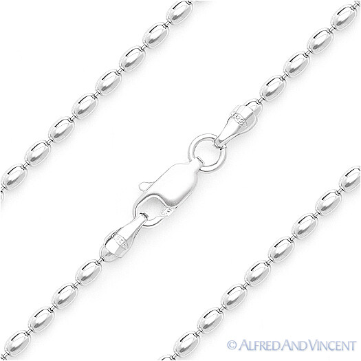Solid Italy 925 Sterling Silver w/ Rhodium Oval Bead Link Italian Chain Necklace