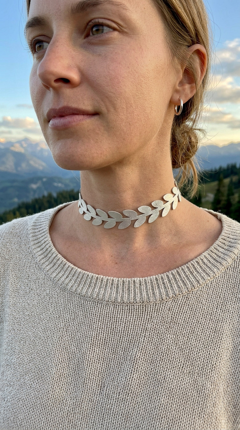 Women Fashion Jewelry Choker Necklace Metallic Silver Faux Leather Leaf Fabric
