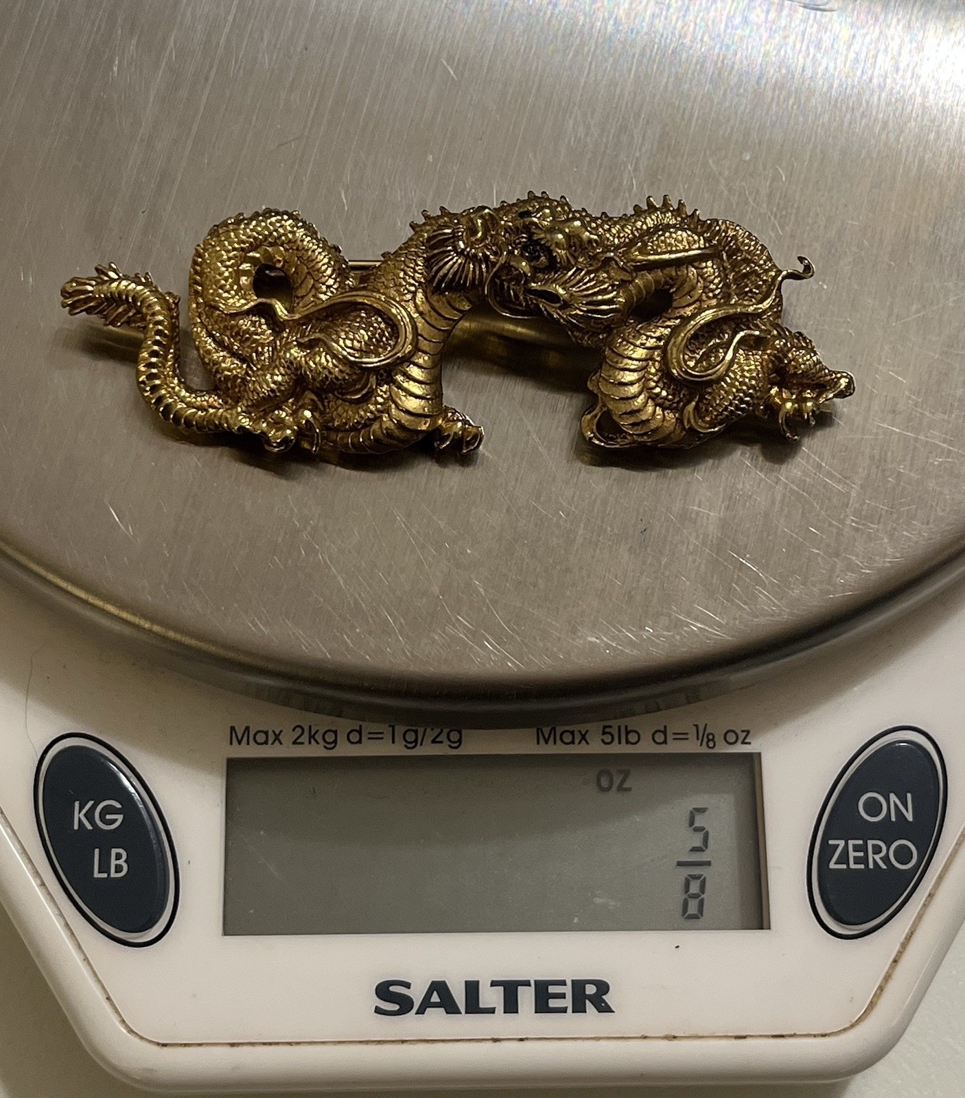 Vintage Alva Museum Replica Gold Tone Asian Menuki Dragon Brooch Pin With Box
