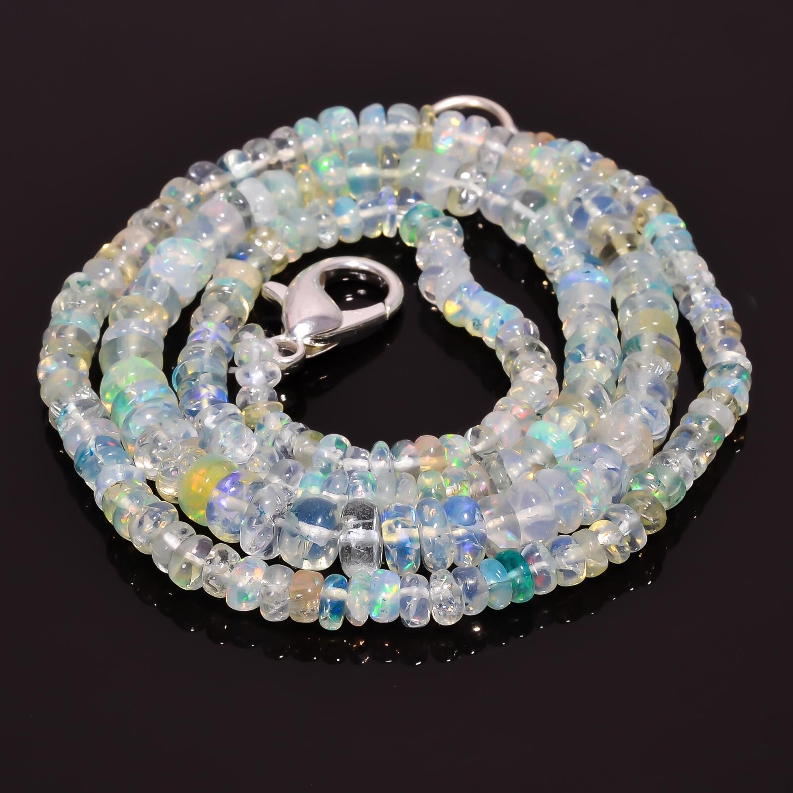 50.5 Ct. Fire White Ethiopian Opal Rondelle Smooth Beads Necklace 18.5″ A-2955