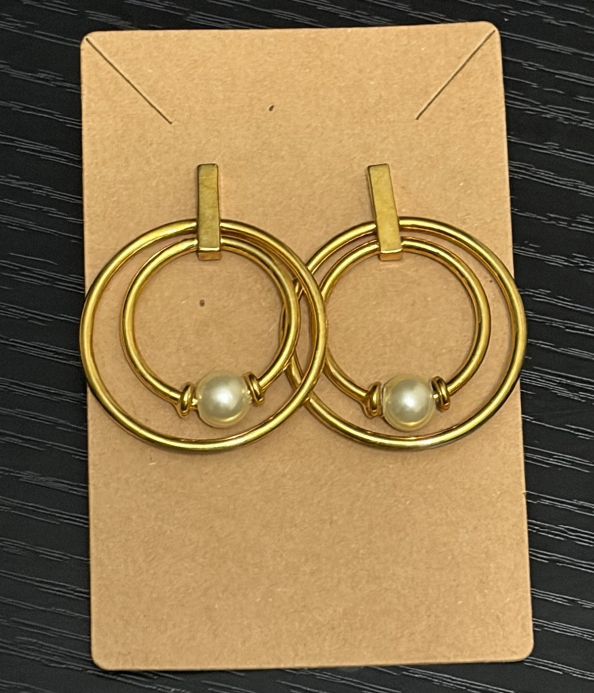 Gold Tone Double Hoop Dangle/Drop Earrings Faux Pearl