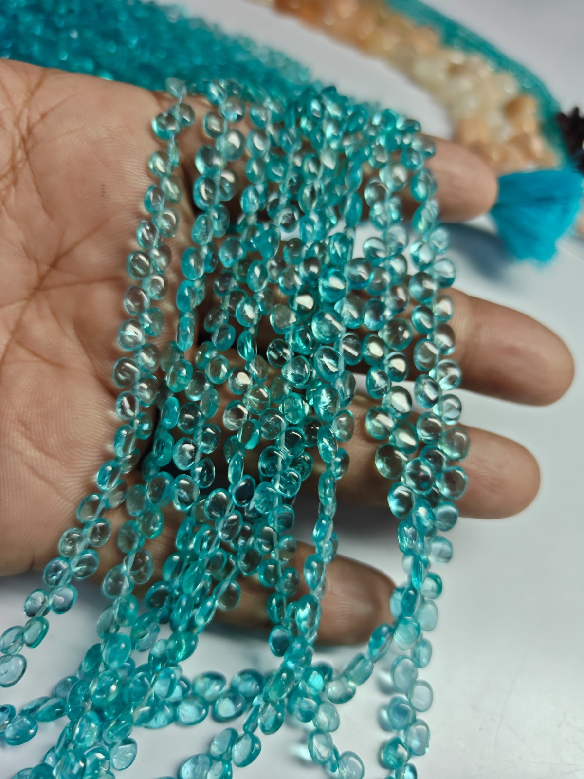 AAA Sky Apatite Gemstone Heart Briolette Smooth 5-5.5 Mm Beads 6″ Strands
