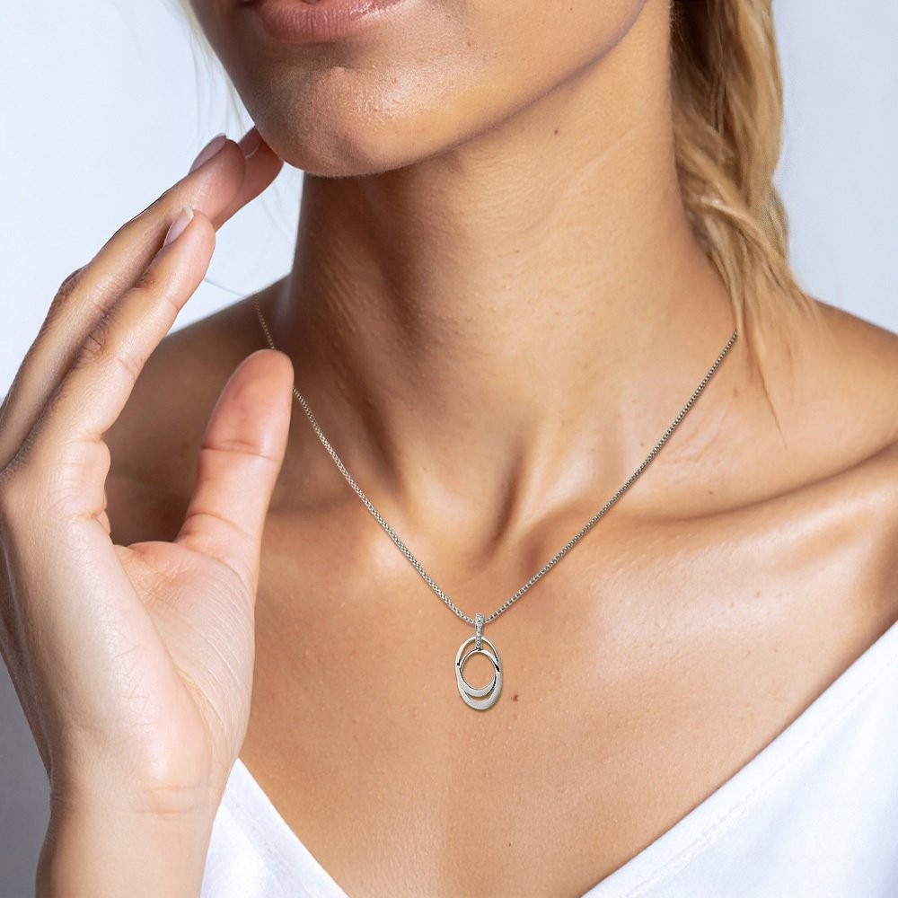 10K Solid White Gold 0.05 ct Diamond Large Double Oval Pendant Necklace 27mm