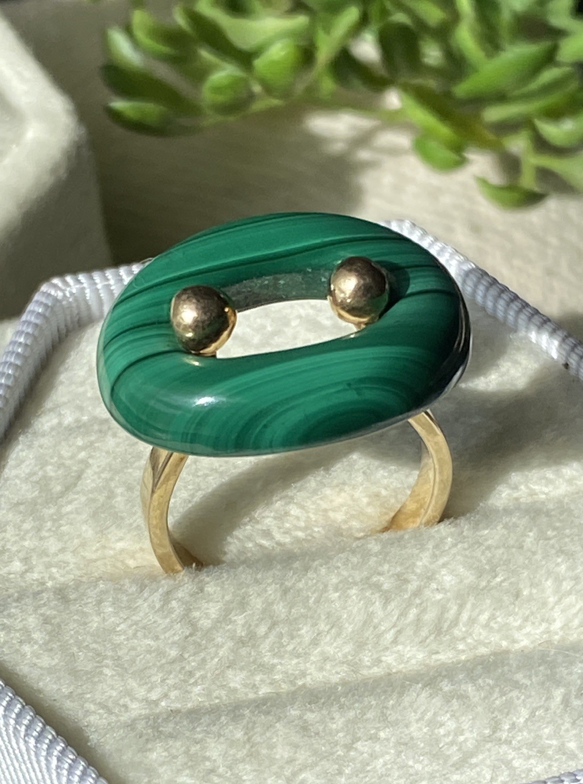 Vintage Custom Modern Space Age 14k Yellow Gold Malachite Statement Ring 7
