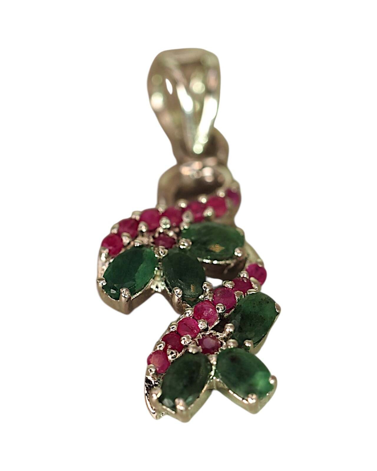 Sterling Silver Green & Red Gemstone Floral Vine Pendant