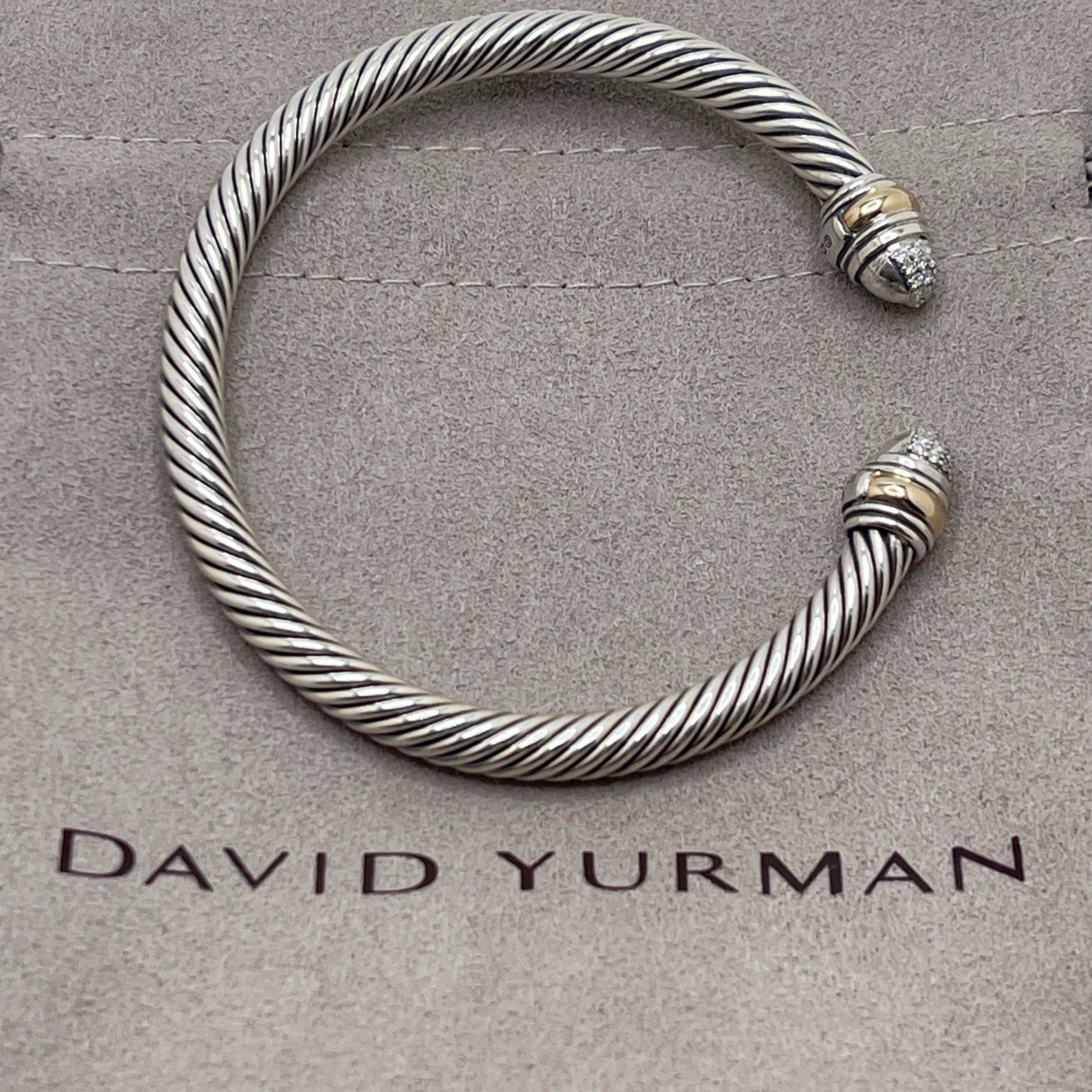 David Sterling Silver & 14K Gold 5mm Cable Cuff Bracelet Diamond Tips