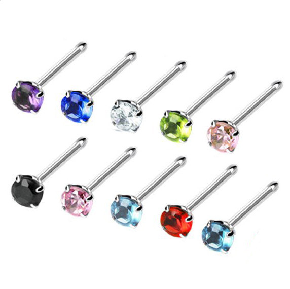 10 pcs Sterling Silver Prong Nose Cubic-Zirconia Ring 1.2mm Gem Ball Ended 22G