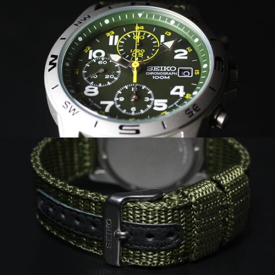 Seiko Chronograph SND377R Khaki Green Dial Quartz Nylon Strap Mens Watch New Box