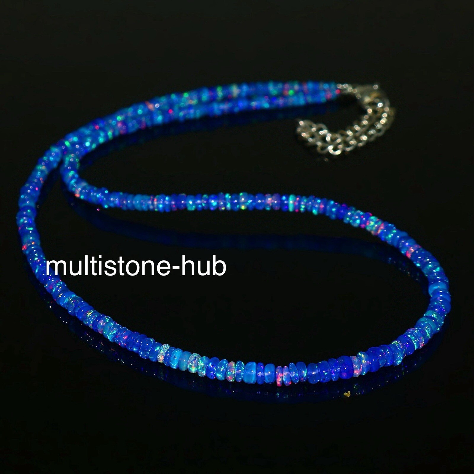 Natural Ethiopian Welo Fire Blue Opal Rondelle Beaded Gemstone Necklace 16 Inch