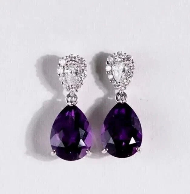 3Ct Pear Cut Lab Created Amethyst Drop/Dangle Earrings In 14K White Gold Plated