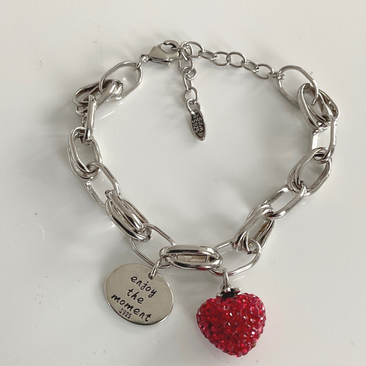 Bracelet Strawberry Charm Silver Tone Red Crystal Lobster Clasp Whimsical New