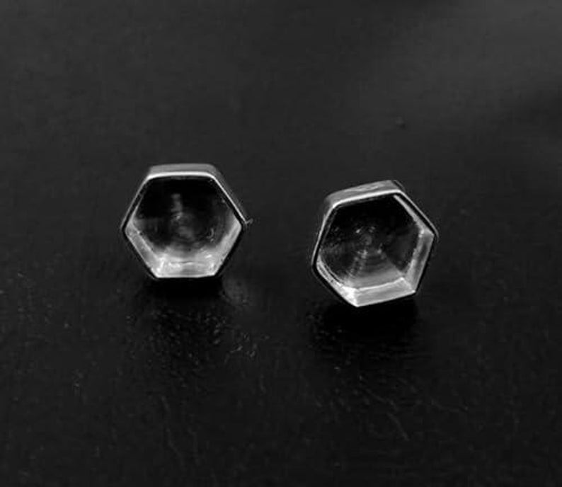 925 Sterling Silver Hexagon Bezel Stud Earrings Blank Cup for Resin Gemstone DIY