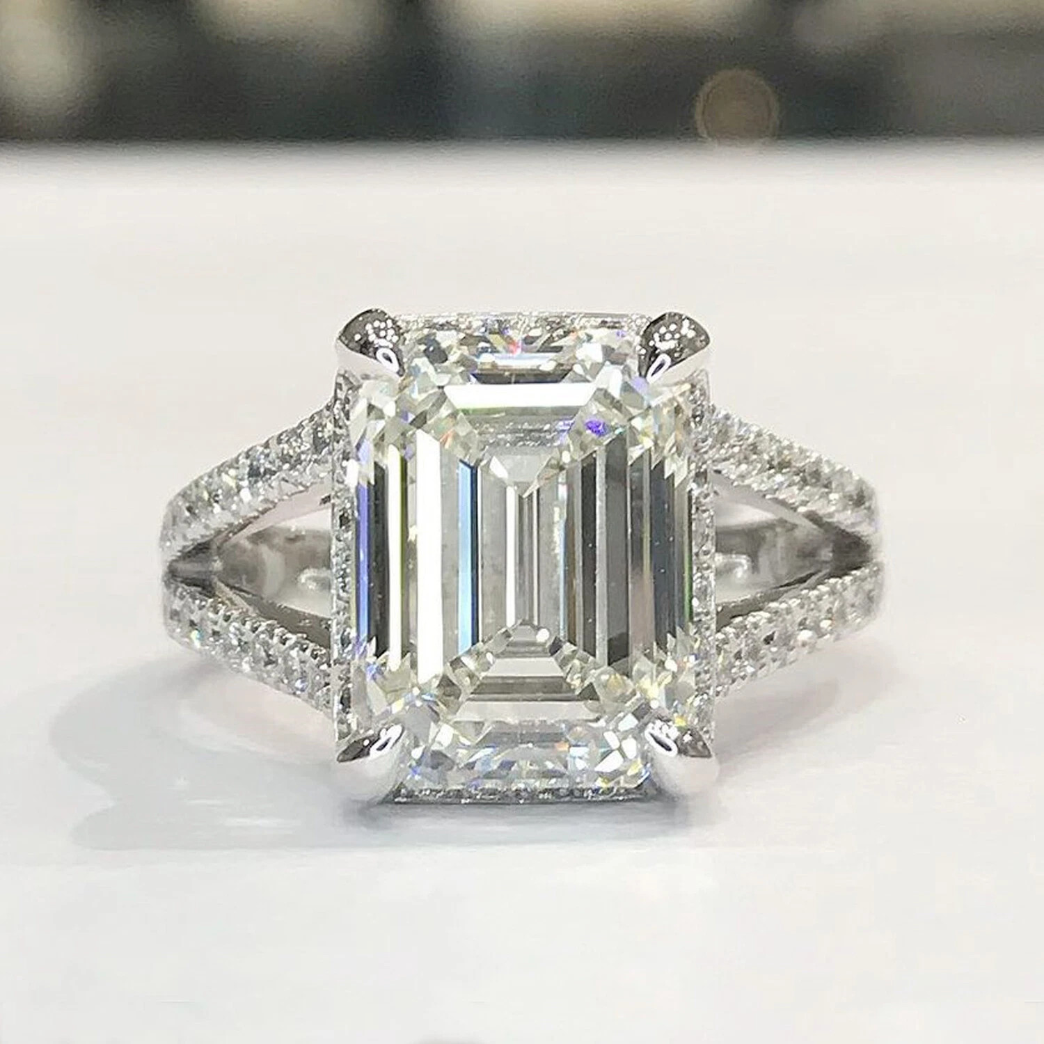 5.50Ctw Emerald Brilliant Moissanite Ring 14K White Gold Plated Engagement Ring
