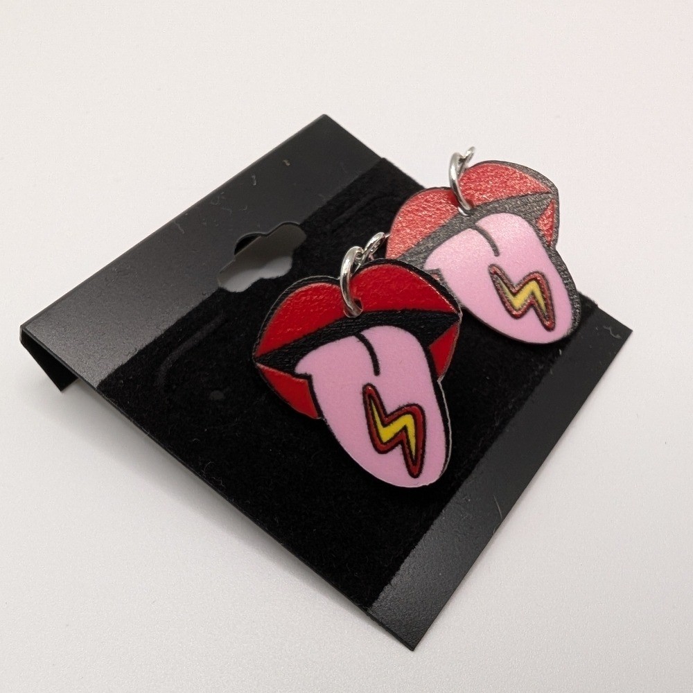 Handmade Hot Lips Tongue Out Lightning Bolt Dangle Rock N Roll Earrings 2″ NEW