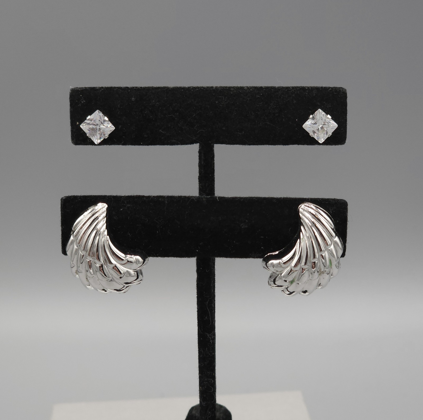 2 Pairs Sterling Silver 925 Pierced Post Earrings Carla Crystal