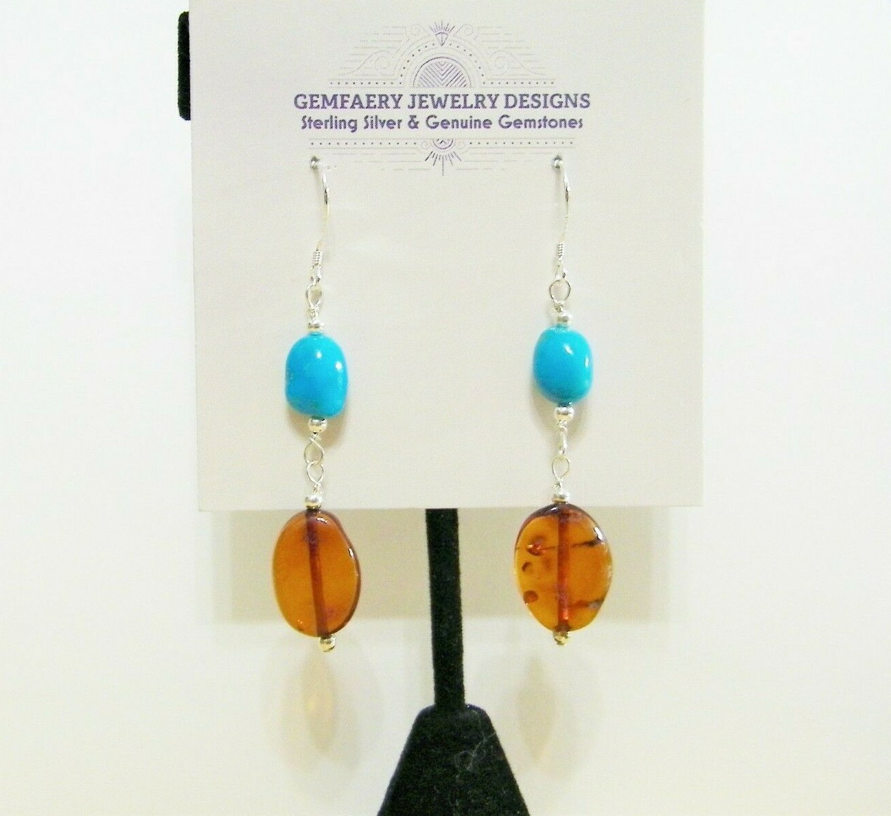Sterling Silver ROYSTON TURQUOISE & BALTIC AMBER Dangle Earrings…Handmade USA