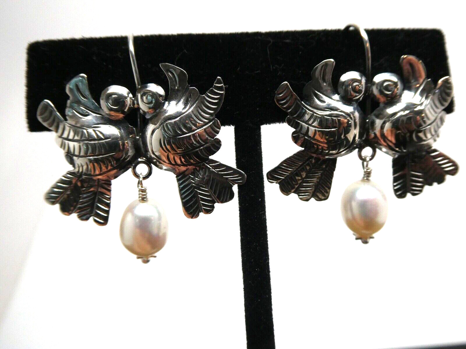 Love Bird Taxco Mexico Sterling Silver 925 & Pearl Frida Kahlo Style Earrings