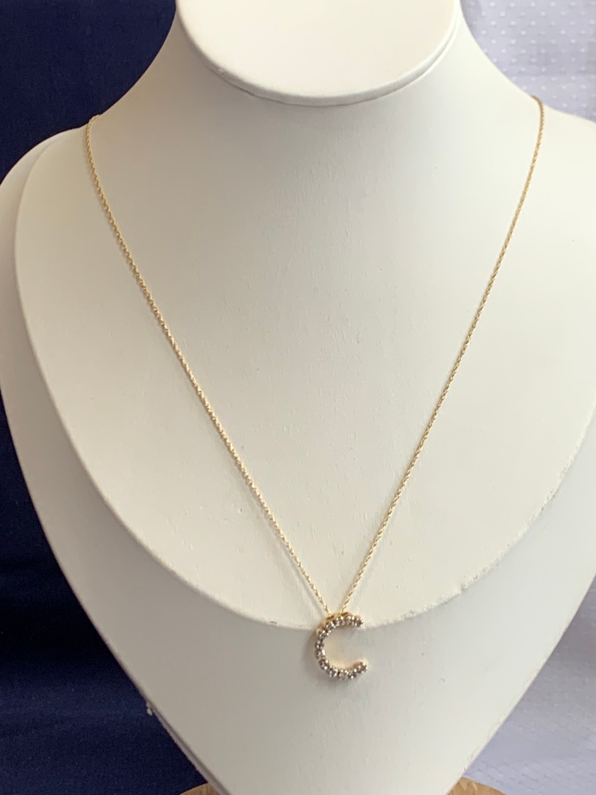 14K Yellow Gold Diamond “C” Necklace 1.95g Fine Jewelry 18″ Rope Chain *READ*