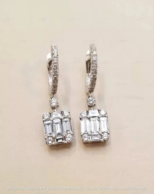 14K White Gold Plated Diamond Drop Earring 2 Ct Baguette Cut Lab-Created Women’s
