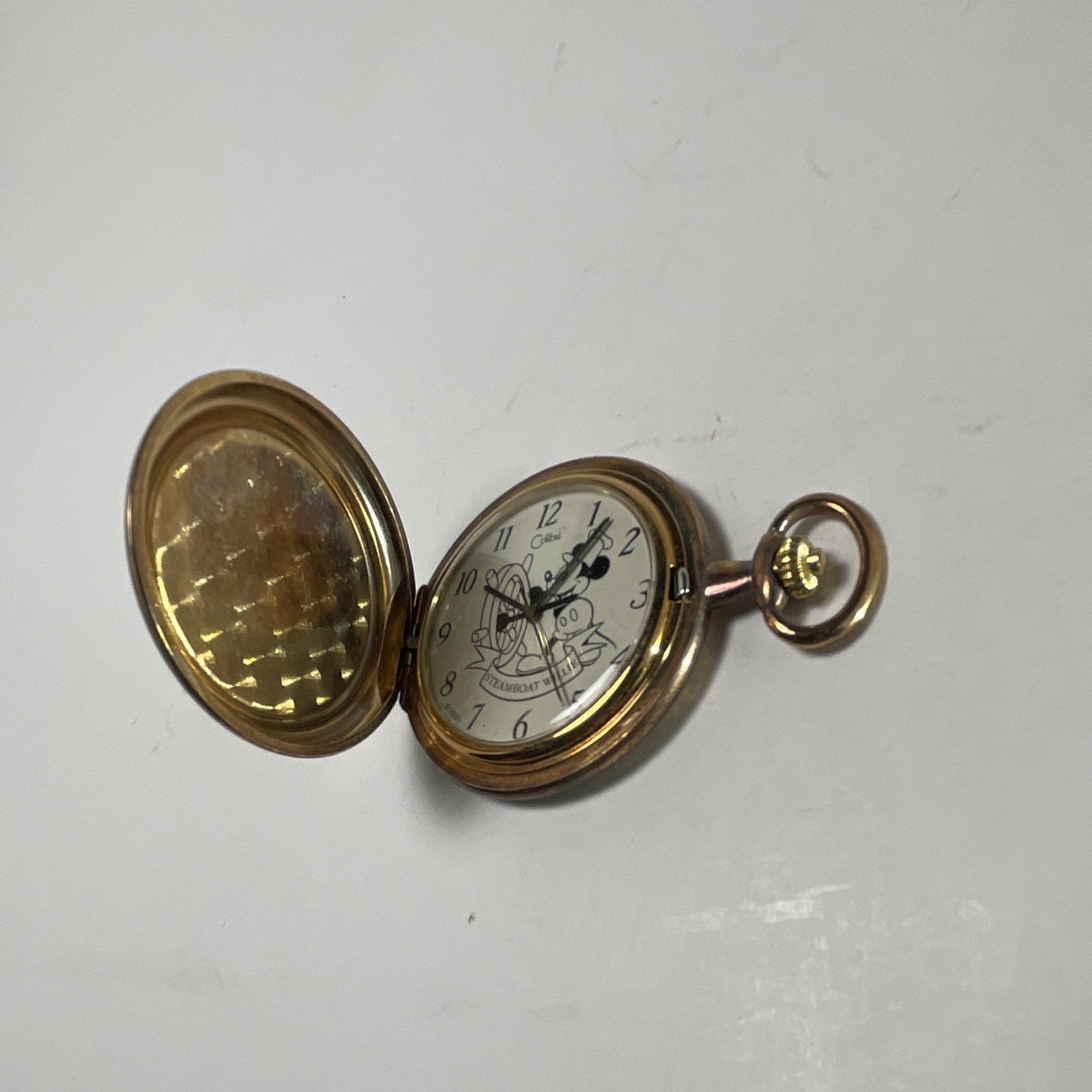 Disney Mickey Mouse Full Hunter Quartz Analog Pocket Watch Gold Tone Metal