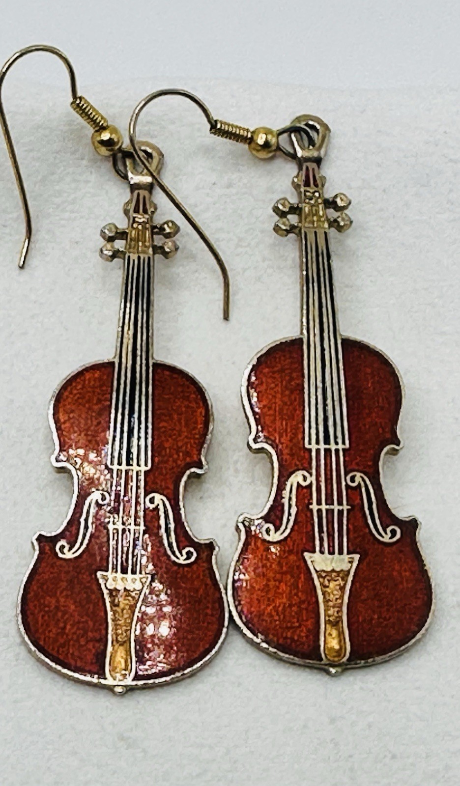 Vintage Future Primitive Violin Earrings Enamel Red Fiddle Musician Dangle